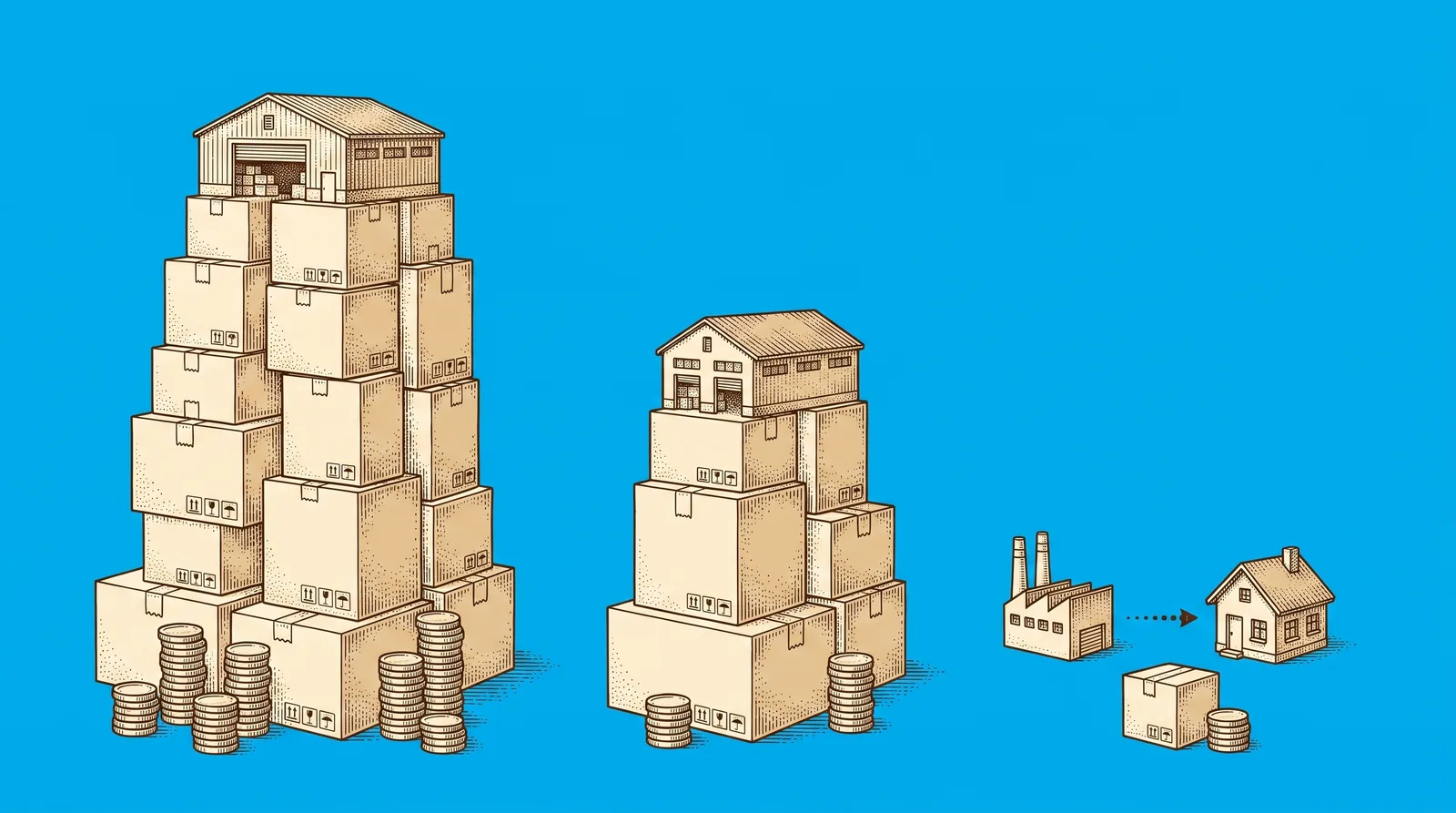 Engraved illustration of 3pl pricing china vs us vs europe: a tall US warehouse stack of boxes and coins, a medium European stack, and a small factory shipping directly to a house