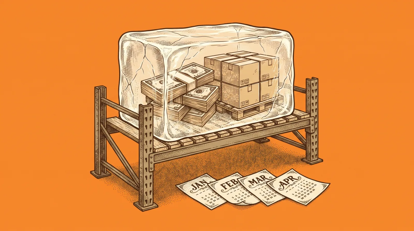 Engraved illustration of ecommerce inventory cash frozen inside a block of ice on a warehouse rack, with January to April calendar pages fanned on the floor below