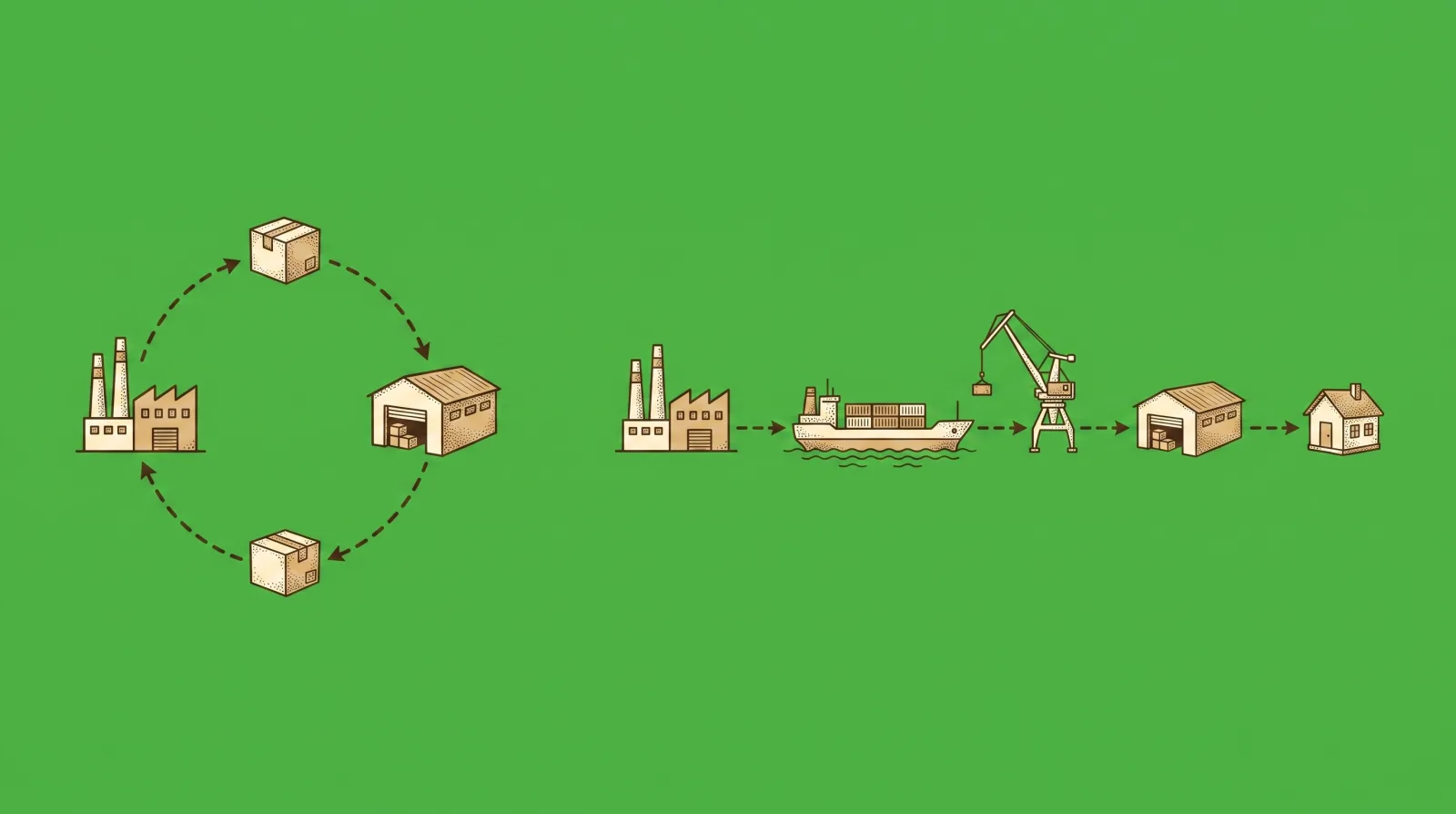 Engraved illustration comparing a short factory-to-warehouse restock loop against the long chain of ship, port crane, warehouse and house that a US or EU fulfillment route requires