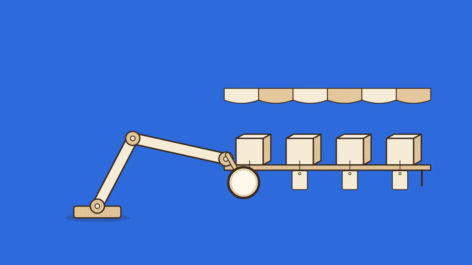 Illustration for ai shopping agents in ecommerce: a mechanical arm with a magnifying lens reading the one detailed product tag on a shop shelf while the other tags are blank