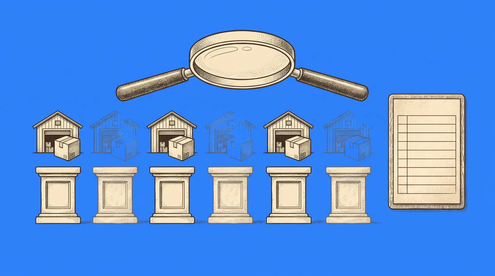 Engraved illustration for best dropshipping agents 2026: a row of warehouse and parcel emblems under a magnifying glass, some drawn completely and some left as incomplete outlines