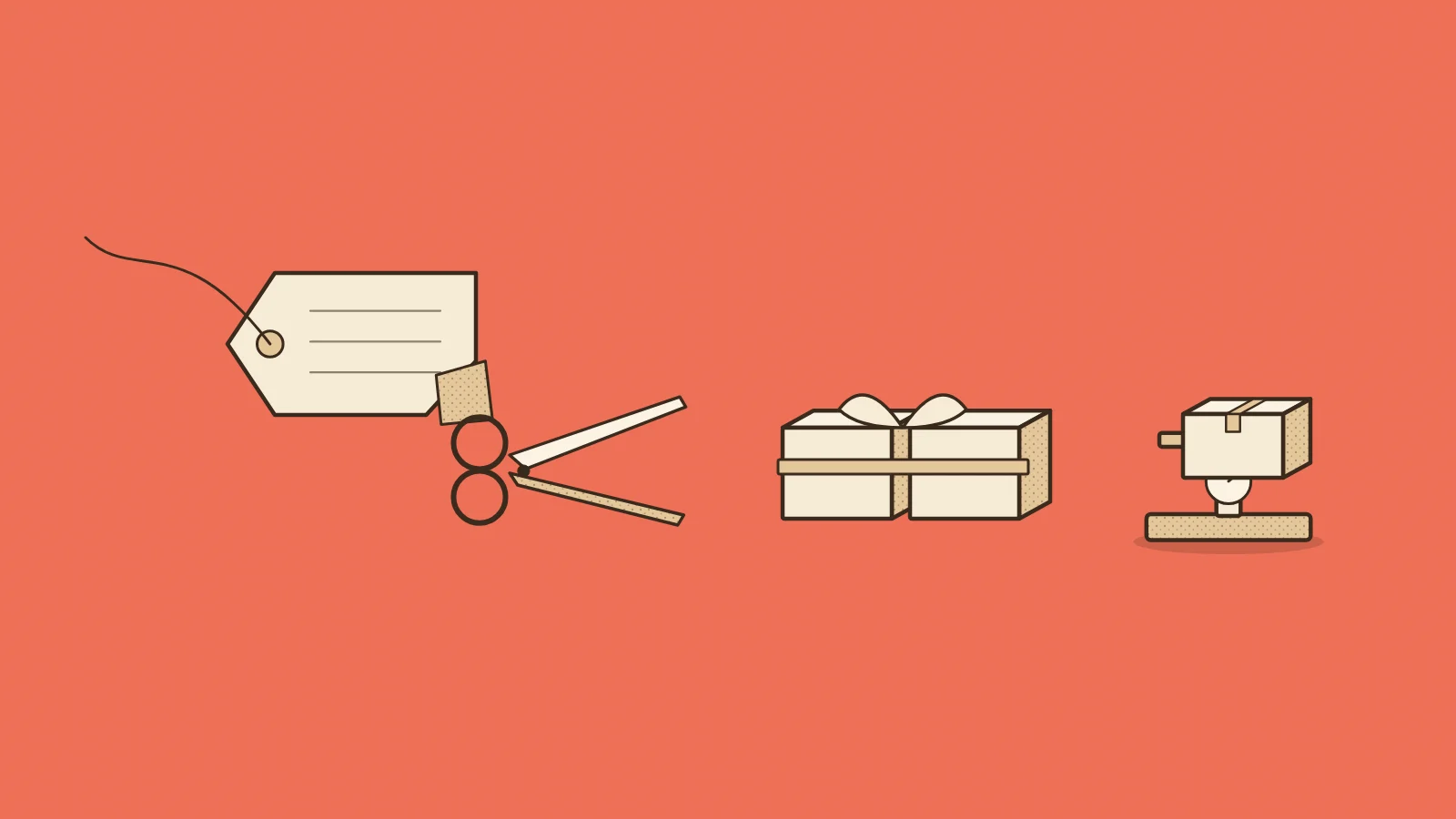 Illustration for black friday discount strategy: scissors snipping the corner of a price tag, a bundle of two gift boxes tied with one ribbon, and a parcel on a postal scale