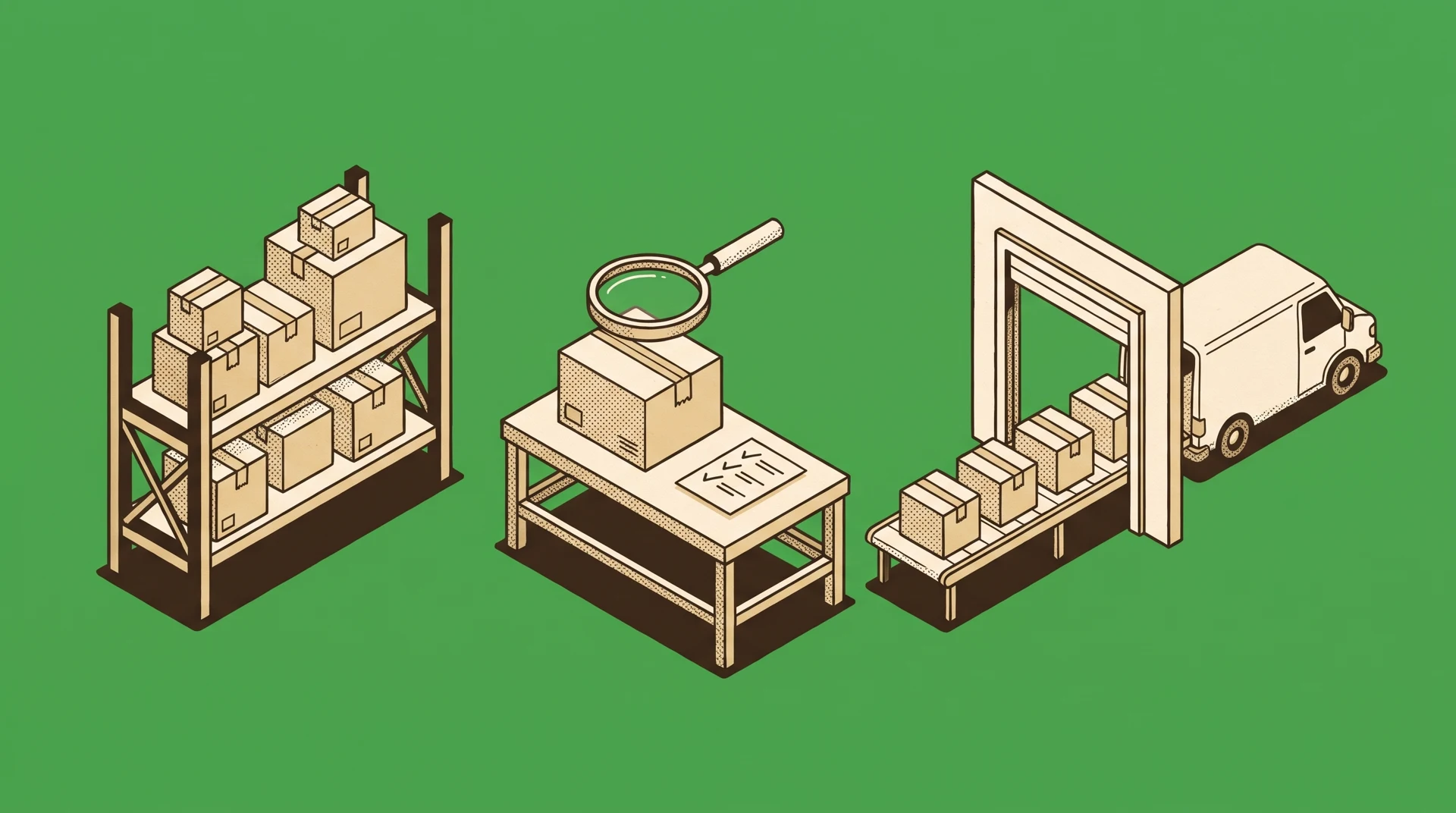 Cream and sepia illustration on green showing cartons moving from storage through inspection to warehouse dispatch and a delivery van