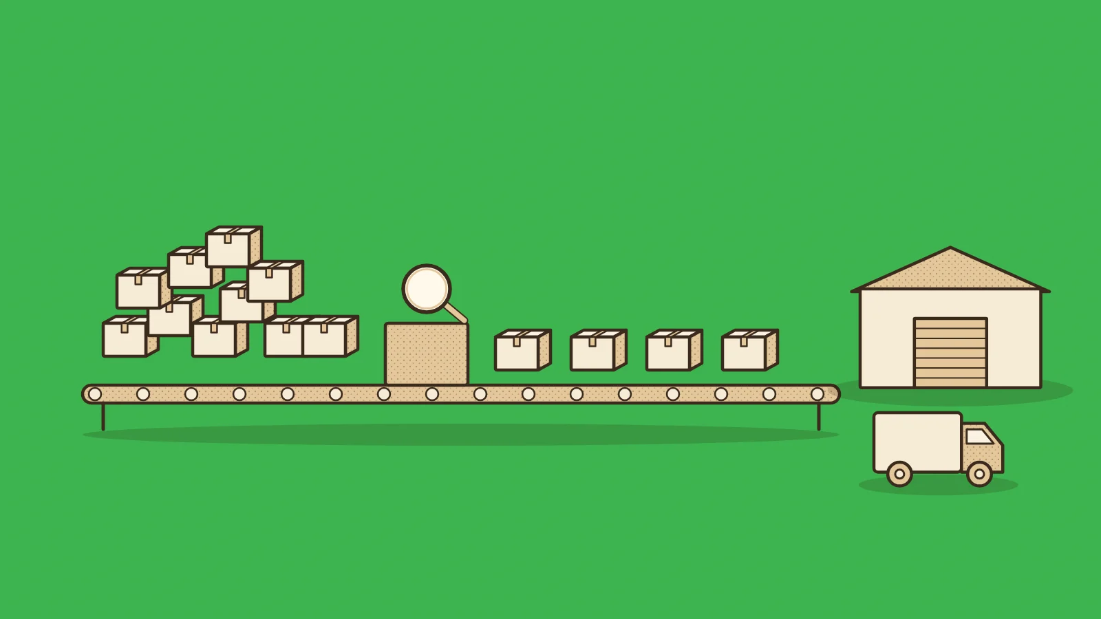 Illustration for black friday dropshipping: a crowded surge of parcels on a conveyor passing an inspection table and leaving as a neat single line toward a warehouse door and a delivery van