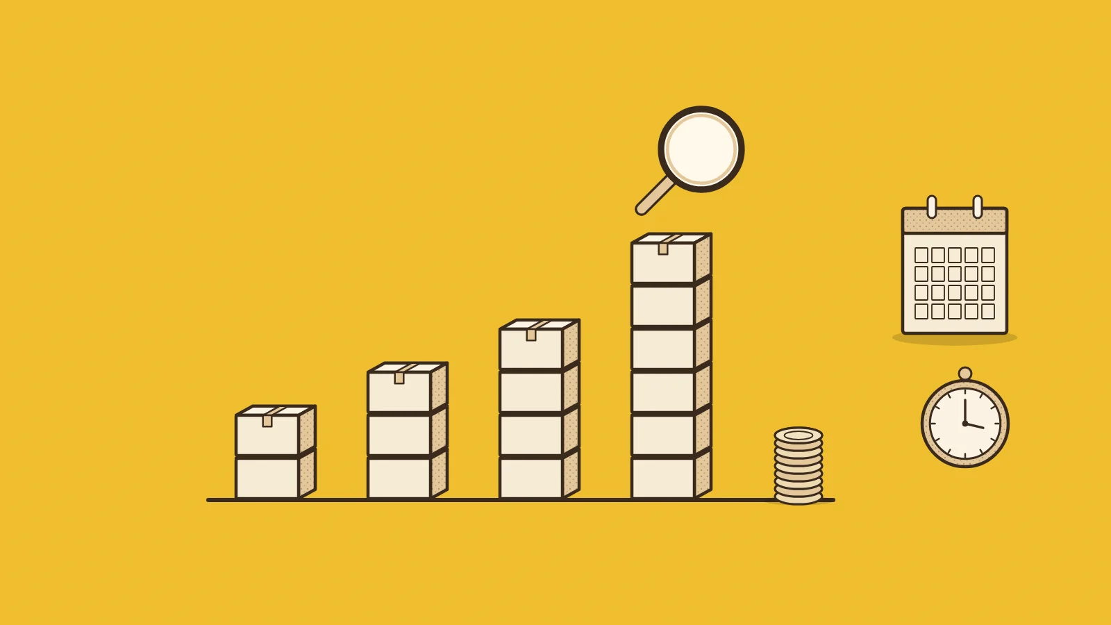 Illustration for black friday statistics 2026: a bar chart built from stacks of parcels and coins, with a calendar page, a pocket watch and a magnifying glass
