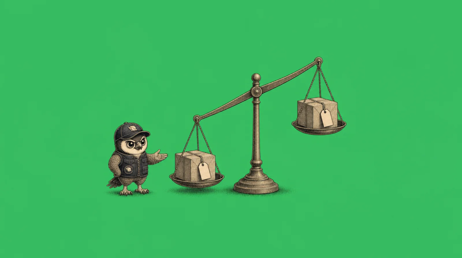 Perry the Peregrine Ship falcon beside a balance scale weighing two priced parcels, showing how to calculate dropshipping profit by weighing landed cost against retail price