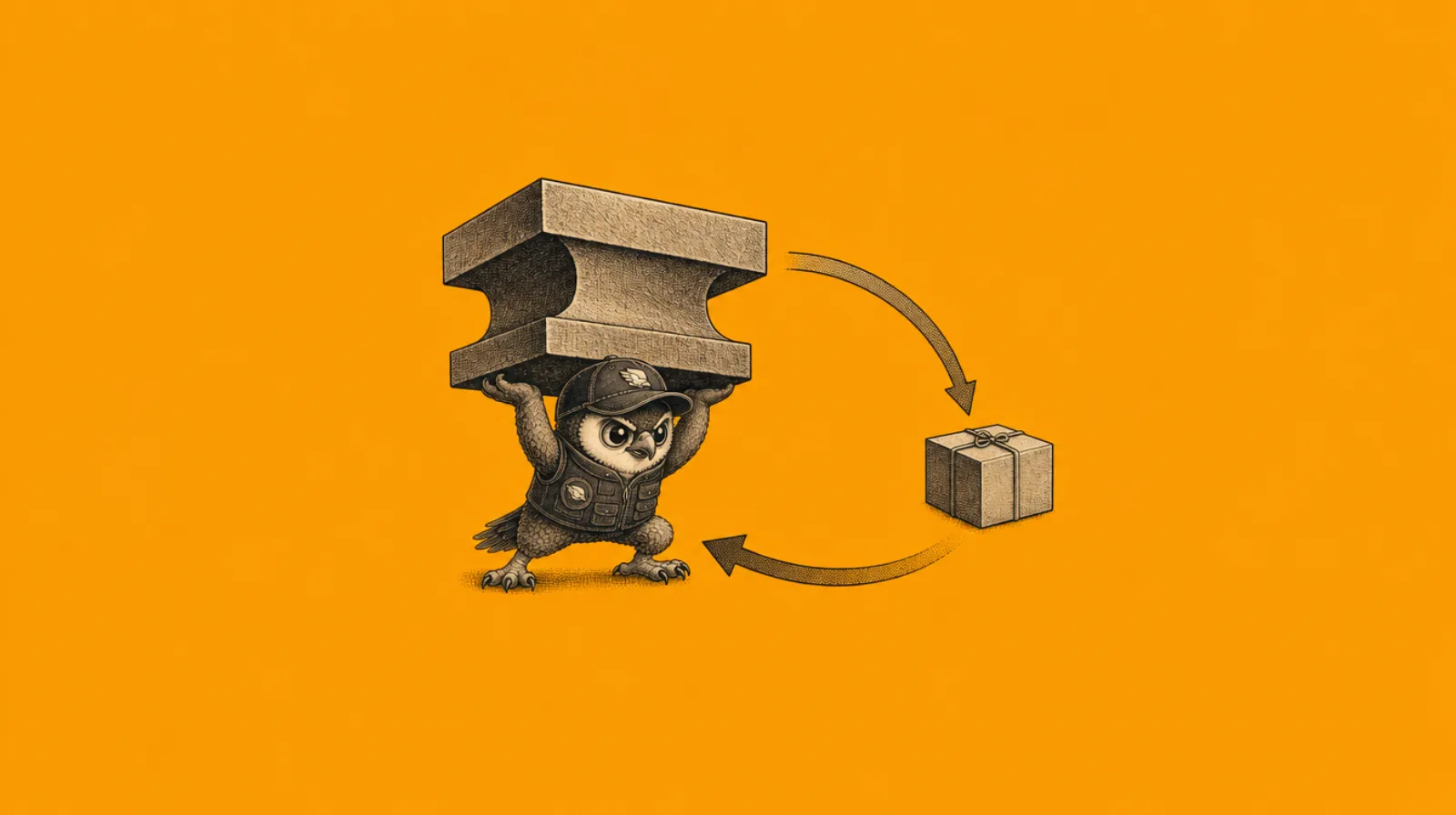Perry the Peregrine mascot straining under a heavy weight beside a parcel caught in a reversal loop, illustrating the real cost of an ecommerce chargeback