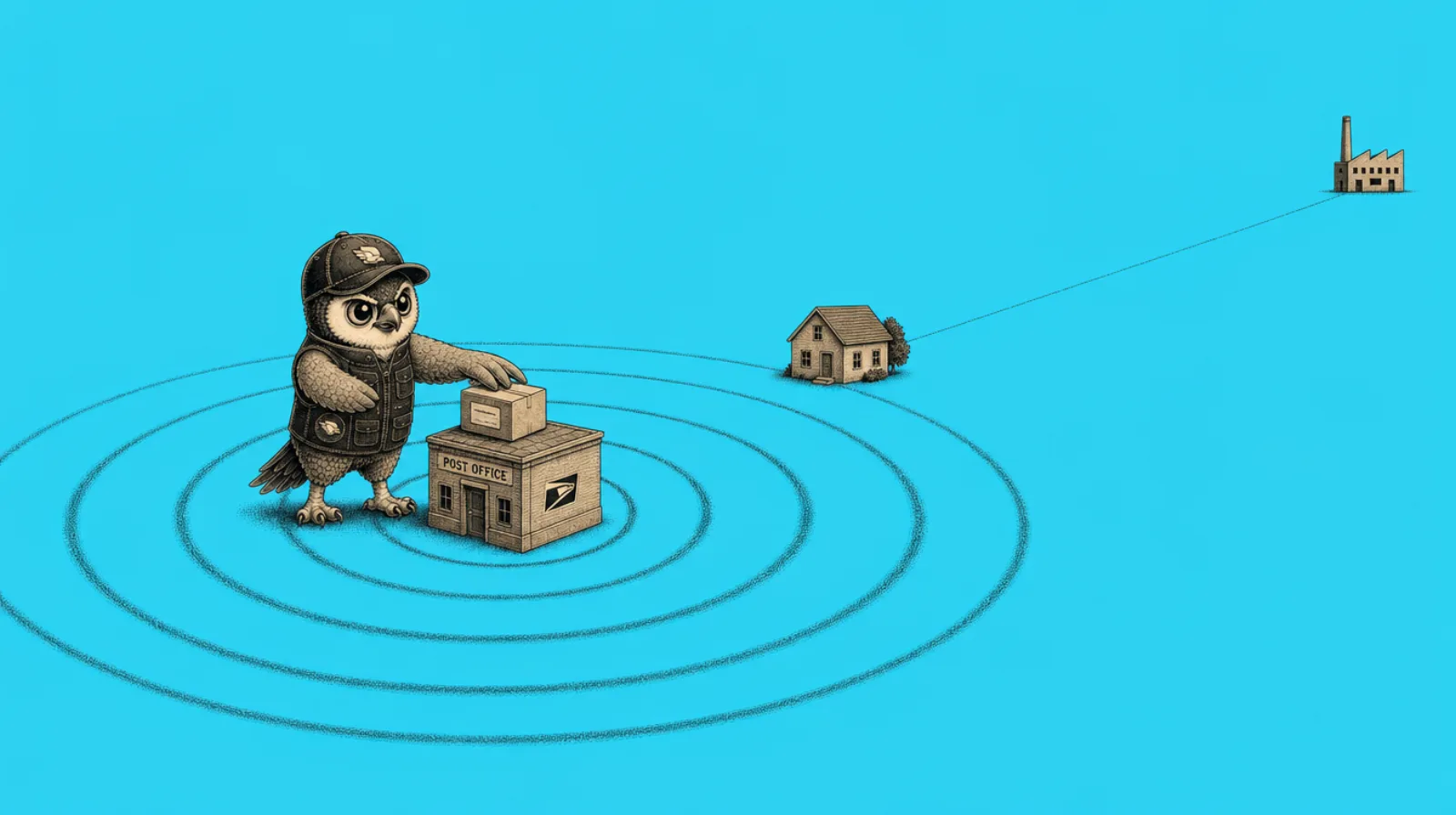 Perry the Peregrine mascot placing a parcel into a US post office at the centre of concentric distance-zone rings, with the customer's house close by and the origin factory far off on the horizon, illustrating that USPS zones are measured from the induction point rather than the origin