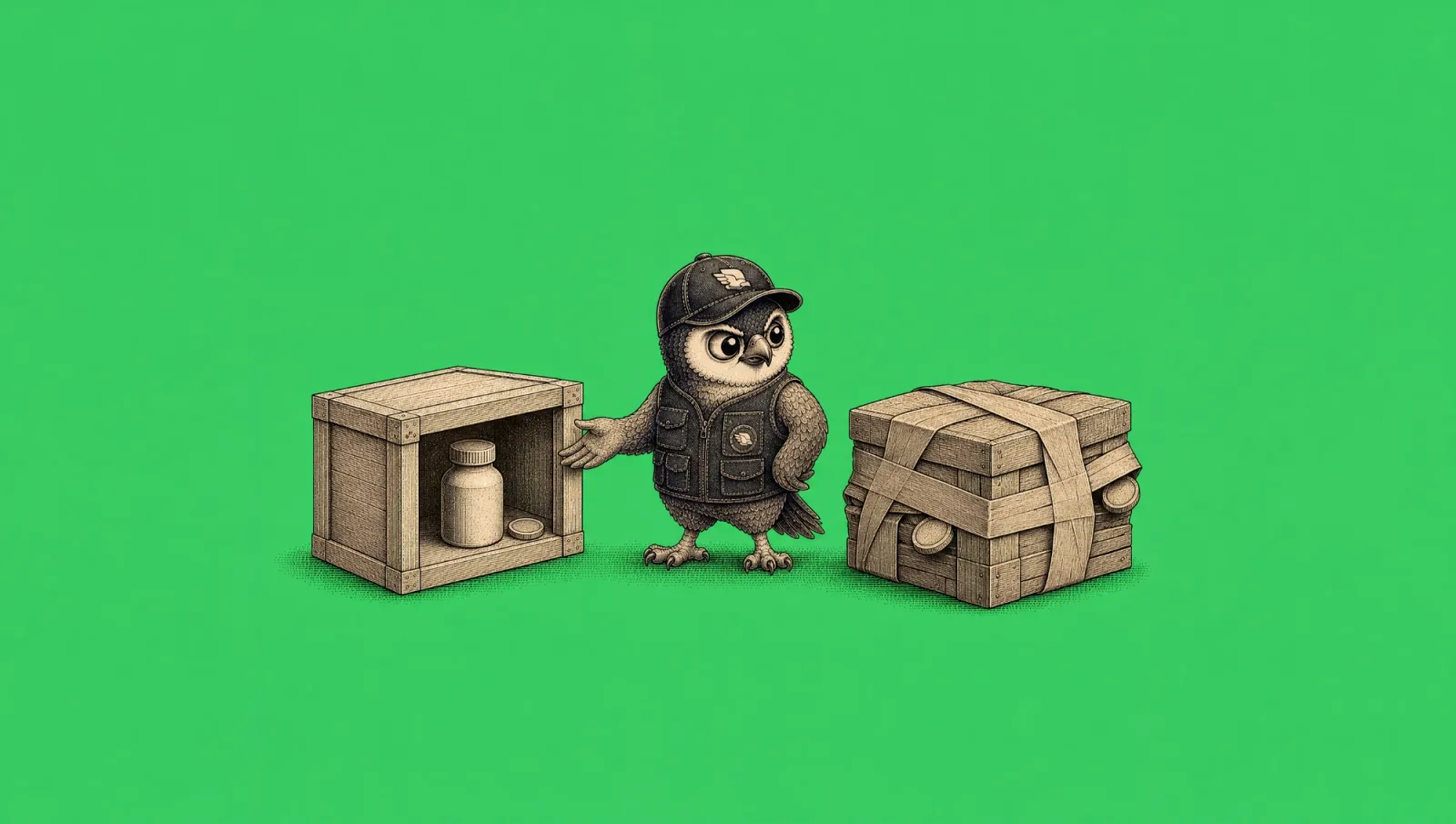 Perry the falcon showing an open crate with the product and fee visible next to a strapped-shut crate, the visible per-order fee vs hidden markup choice with a China dropshipping agent