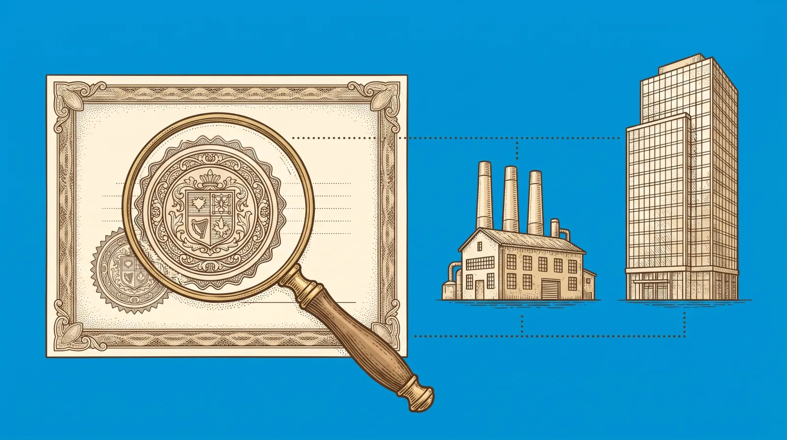 Engraved illustration for china dropshipping suppliers: a stamped business licence with dotted trace lines running to a real working factory on one side and an empty office tower on the other, with Peregrine mascot Perry pointing to the factory