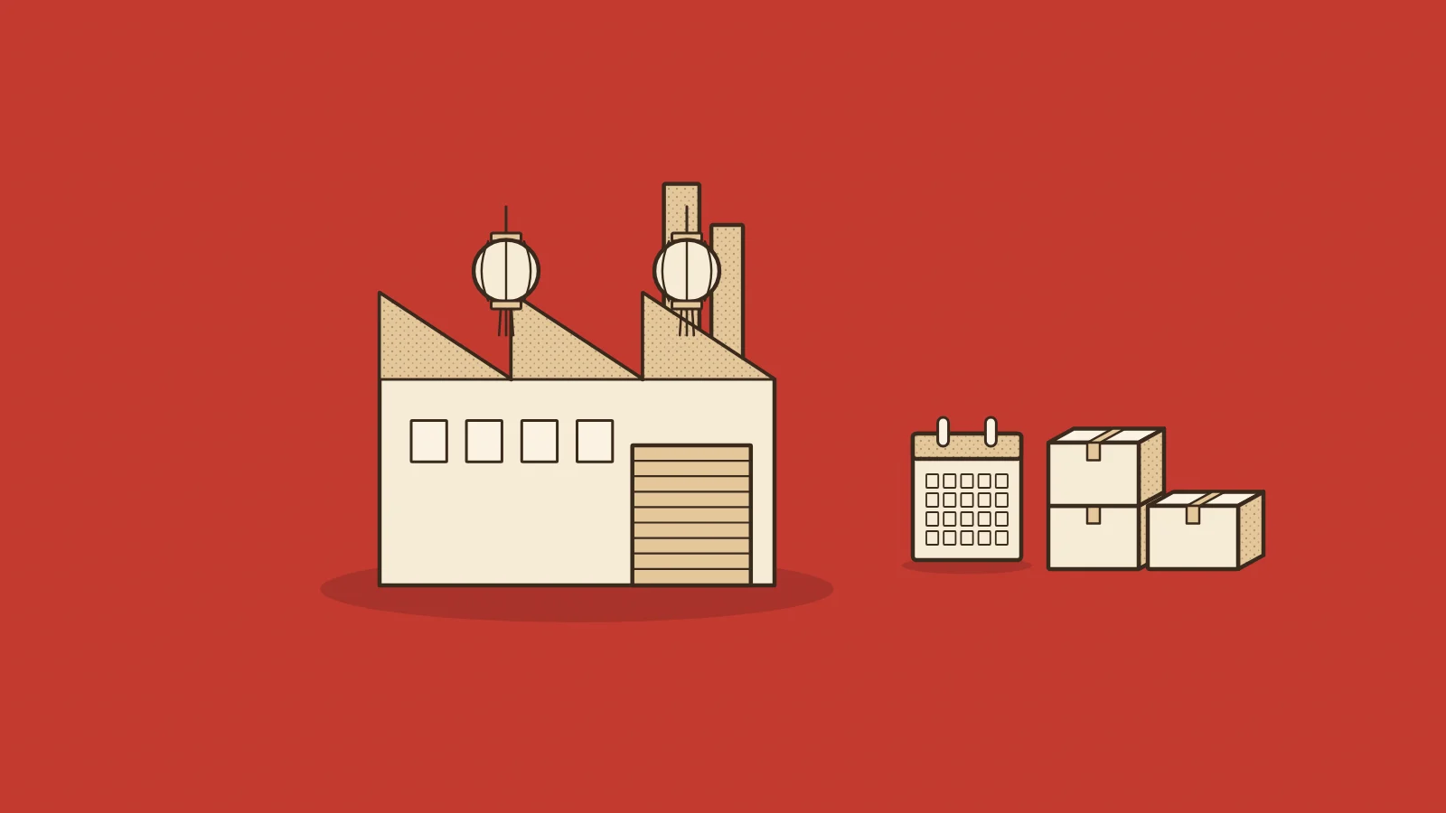 Illustration for the chinese new year 2027 factory shutdown: a factory with its roller door pulled down, two paper lanterns on the roof, a calendar and cartons waiting outside