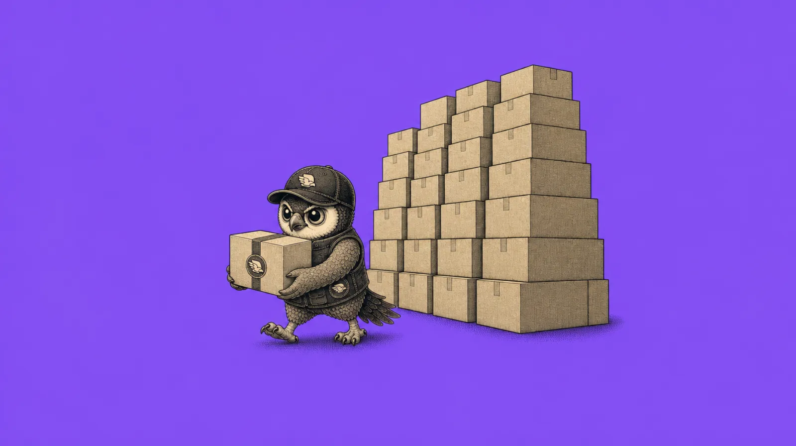 Perry the Peregrine mascot carrying a single branded box away from a large stack of cartons, illustrating custom packaging from China without a 500-unit MOQ