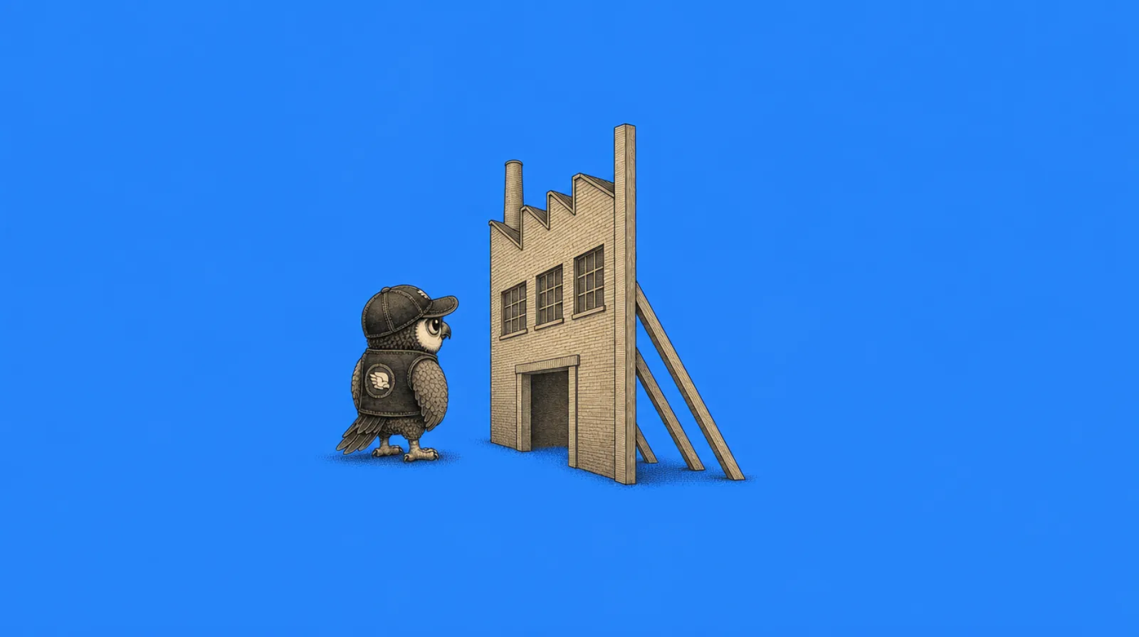 Perry the Peregrine mascot inspecting a factory front propped up by timber supports, illustrating dropshipping agent red flags such as an agent posing as a factory