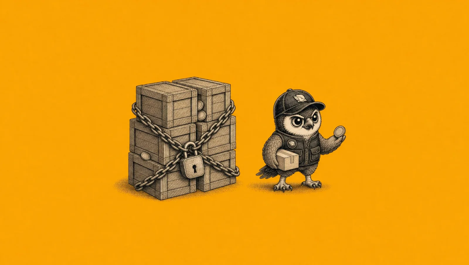 Perry the falcon holding a single parcel and a coin beside a chained, padlocked stack of crates, dropshipping cash flow per order vs cash locked in inventory
