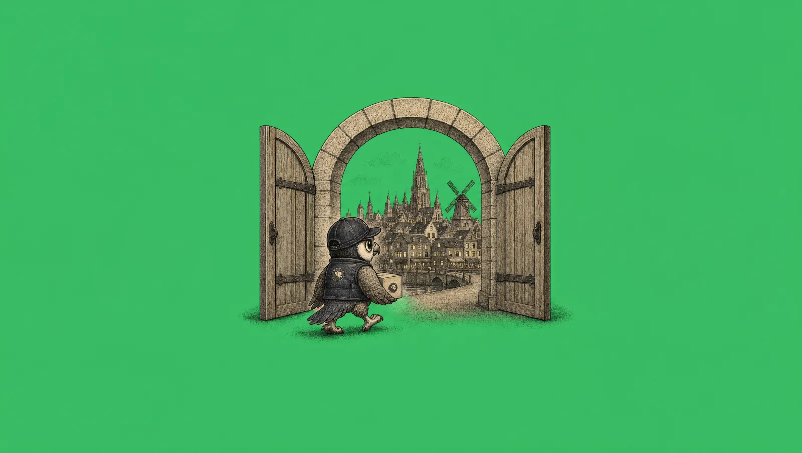 Perry the Peregrine Ship falcon carrying a parcel through an open gate into a European old town with a windmill and cathedral, illustrating dropshipping in Europe