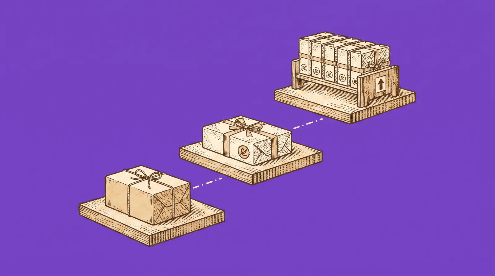Engraved illustration of the dropshipping to DTC brand graduation ladder: a plain parcel, then a branded box, then a reserved shelf of branded stock