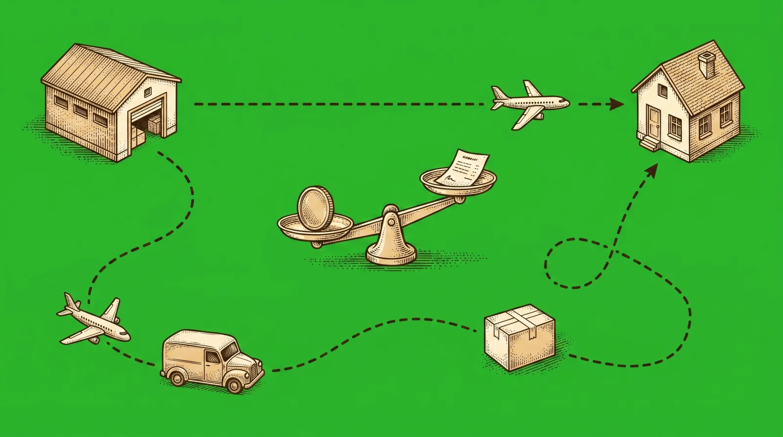 Engraved illustration of express vs standard shipping from China: one short direct air route with a plane and one long winding route running between the same warehouse and the same house, with Peregrine mascot Perry weighing the two