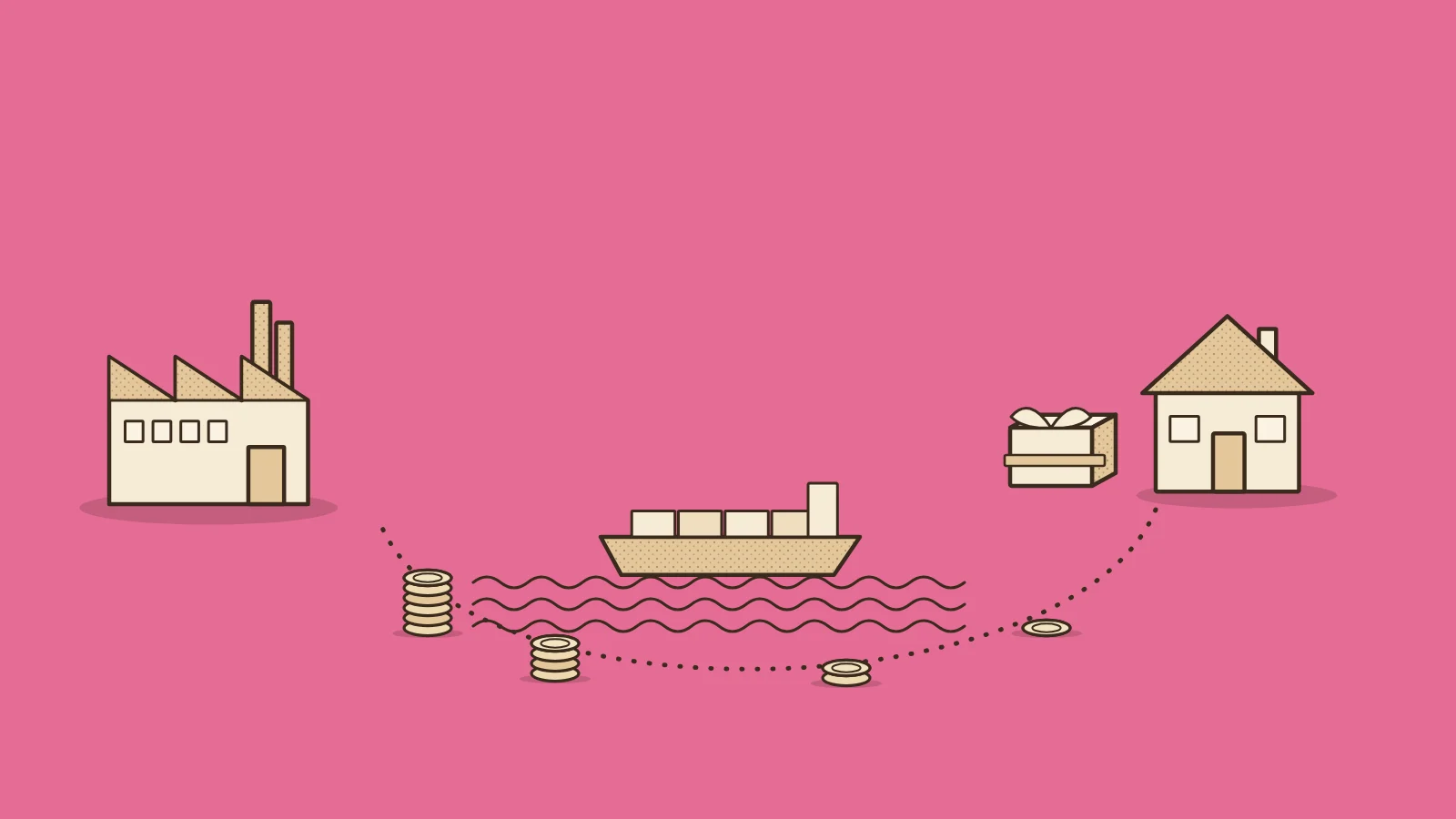 Illustration for holiday returns: a gift box travelling back from a house across the ocean toward a distant factory, with stacks of coins growing taller along the route