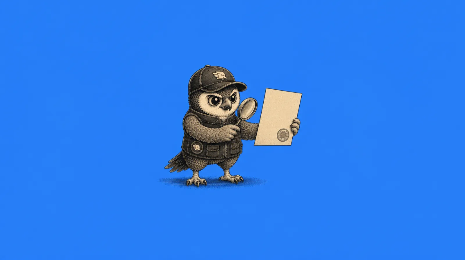 Perry the Peregrine mascot examining a stamped business licence with a magnifying glass, illustrating how to verify a private dropshipping agent