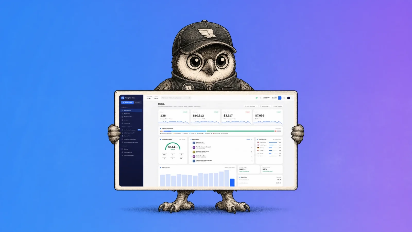 Perry the Peregrine Ship falcon holding up the new Peregrine platform dropshipping dashboard showing orders, total sales, cost and profit