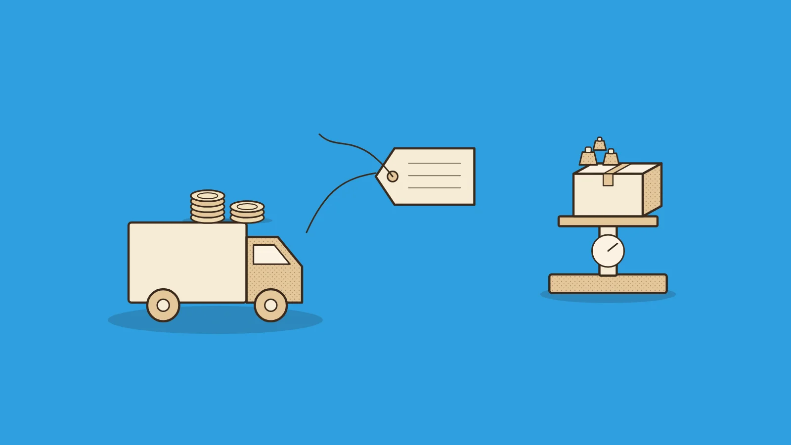 Illustration for peak season surcharges 2026: a delivery van with a price tag tied to its mirror and coins on the roof, beside a postal scale weighing a parcel with extra brass weights on top