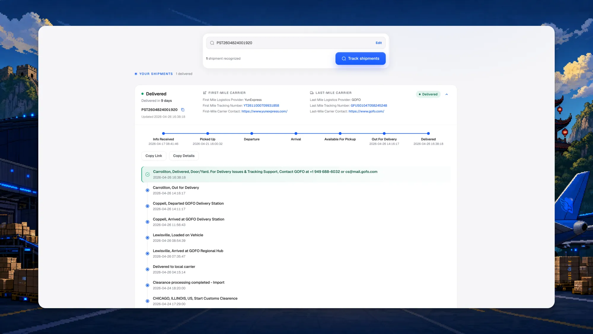 Peregrine Ship full-mile order tracking page showing the first-mile and last-mile carriers, a seven-step timeline and the full event feed including customs clearance