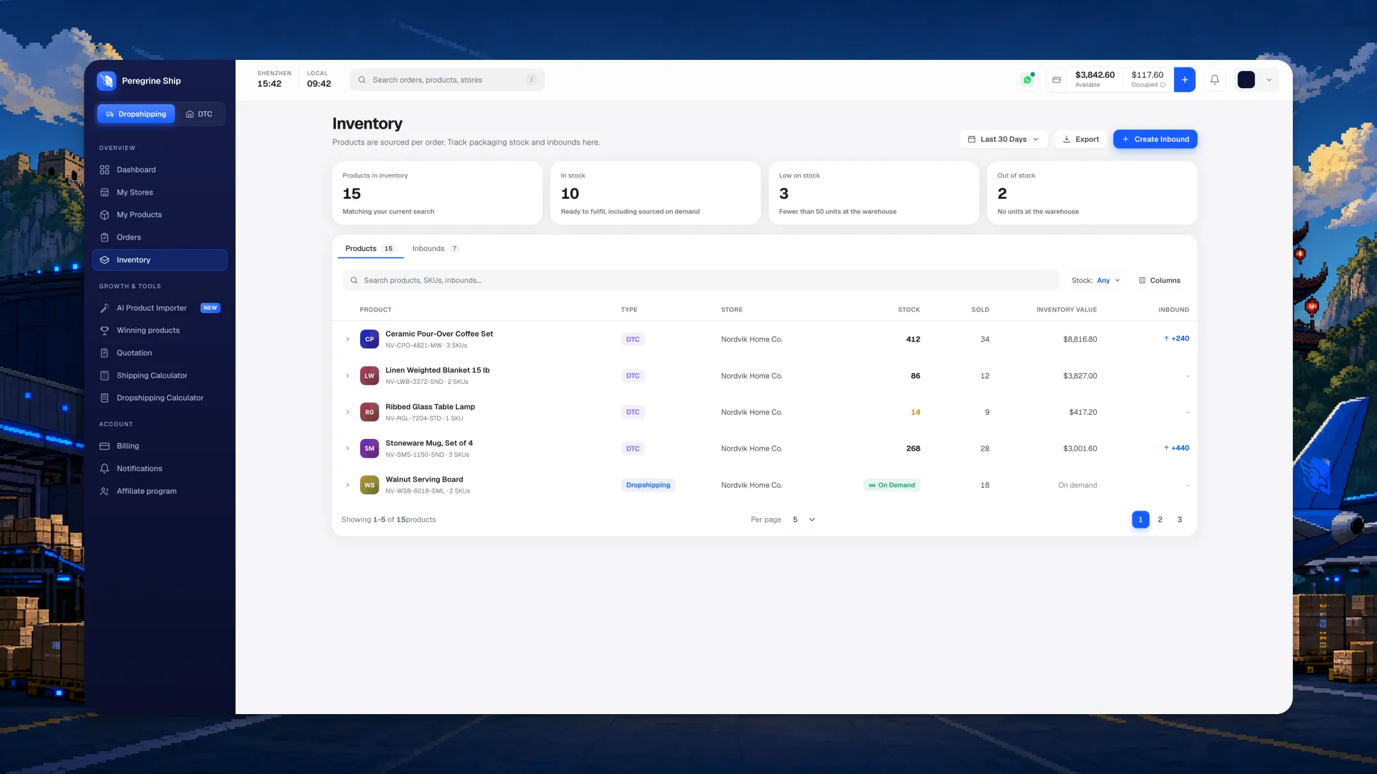 Peregrine Ship inventory screen with products in inventory, in stock, low stock and out of stock counters, inventory value per SKU and an inbounds tab for stock in transit