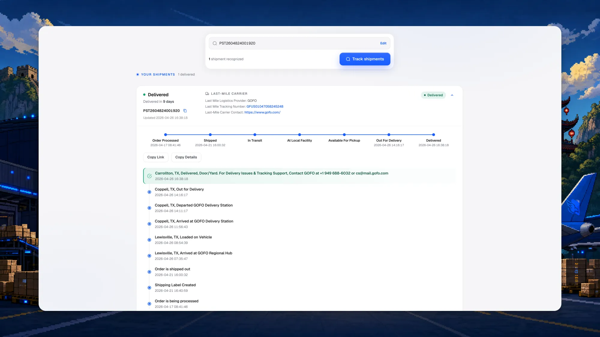 Peregrine Ship last-mile order tracking page showing only the local carrier and a plain retail delivery timeline, with no customs events or China origin detail