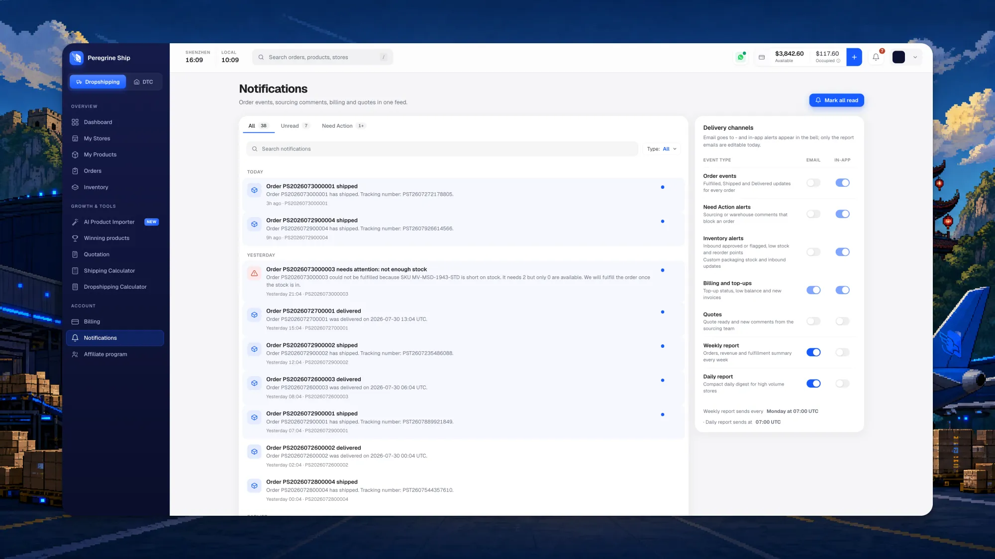 Peregrine Ship notifications screen with an event feed and a delivery channel matrix carrying an email switch and an in-app switch for every event type