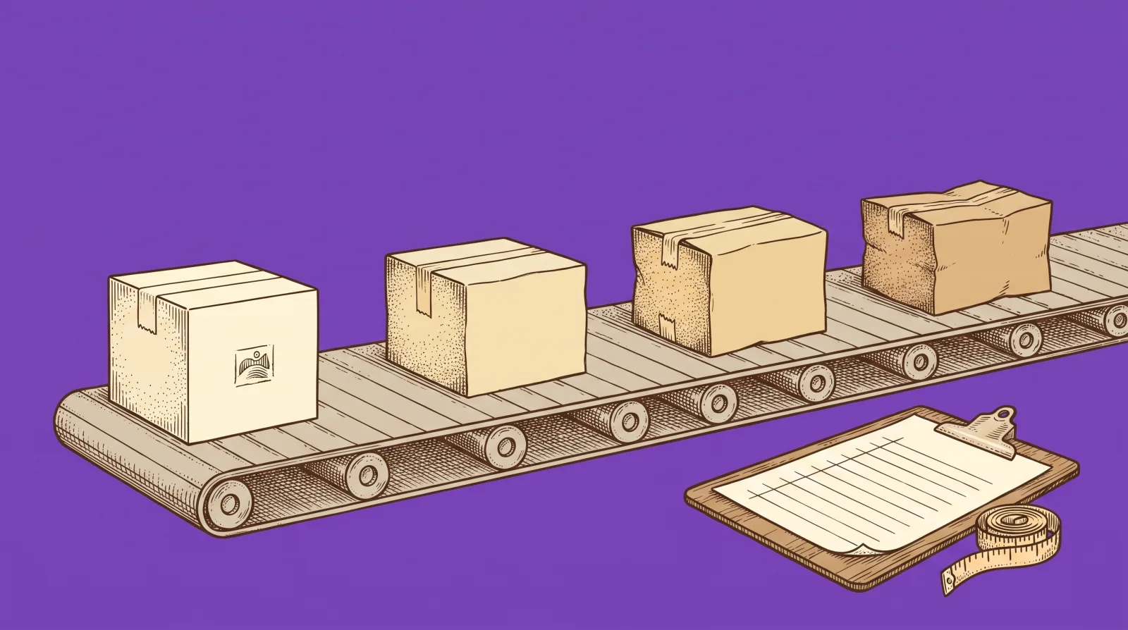 Engraved illustration for private label dropshipping: Peregrine mascot Perry presenting a blank specification clipboard with a tape measure and material swatch to a factory, which returns one finished branded box