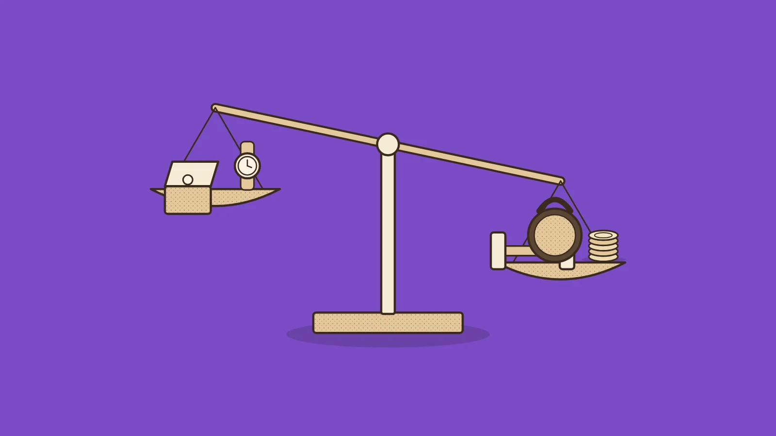 Illustration for q4 dropshipping products: a balance scale tipped down by a kettlebell, a dumbbell and coins on one side, with a light jewelry box and wristwatch raised high on the other