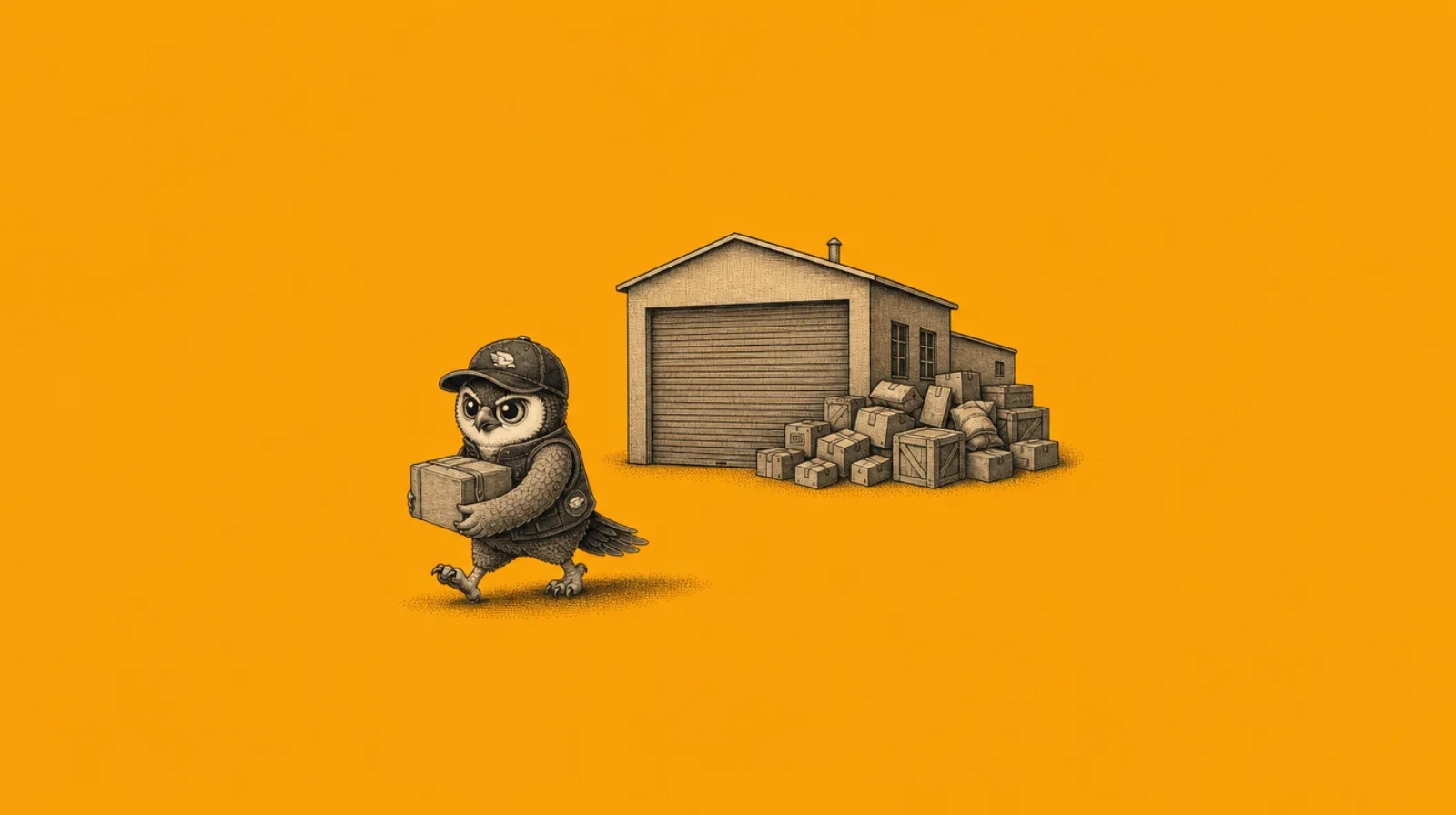 Perry the Peregrine mascot carrying a parcel past a warehouse with crates piled outside, illustrating Q4 peak season shipping cutoffs from China
