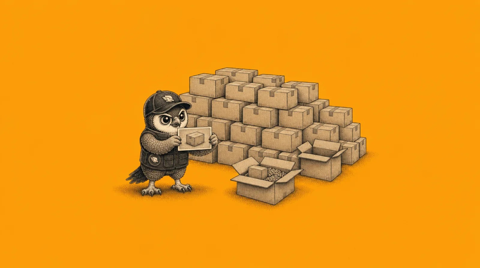 Perry the Peregrine mascot holding a QC photo of a boxed product in front of stacked cartons, illustrating a pre-shipment quality control check in a Shenzhen warehouse