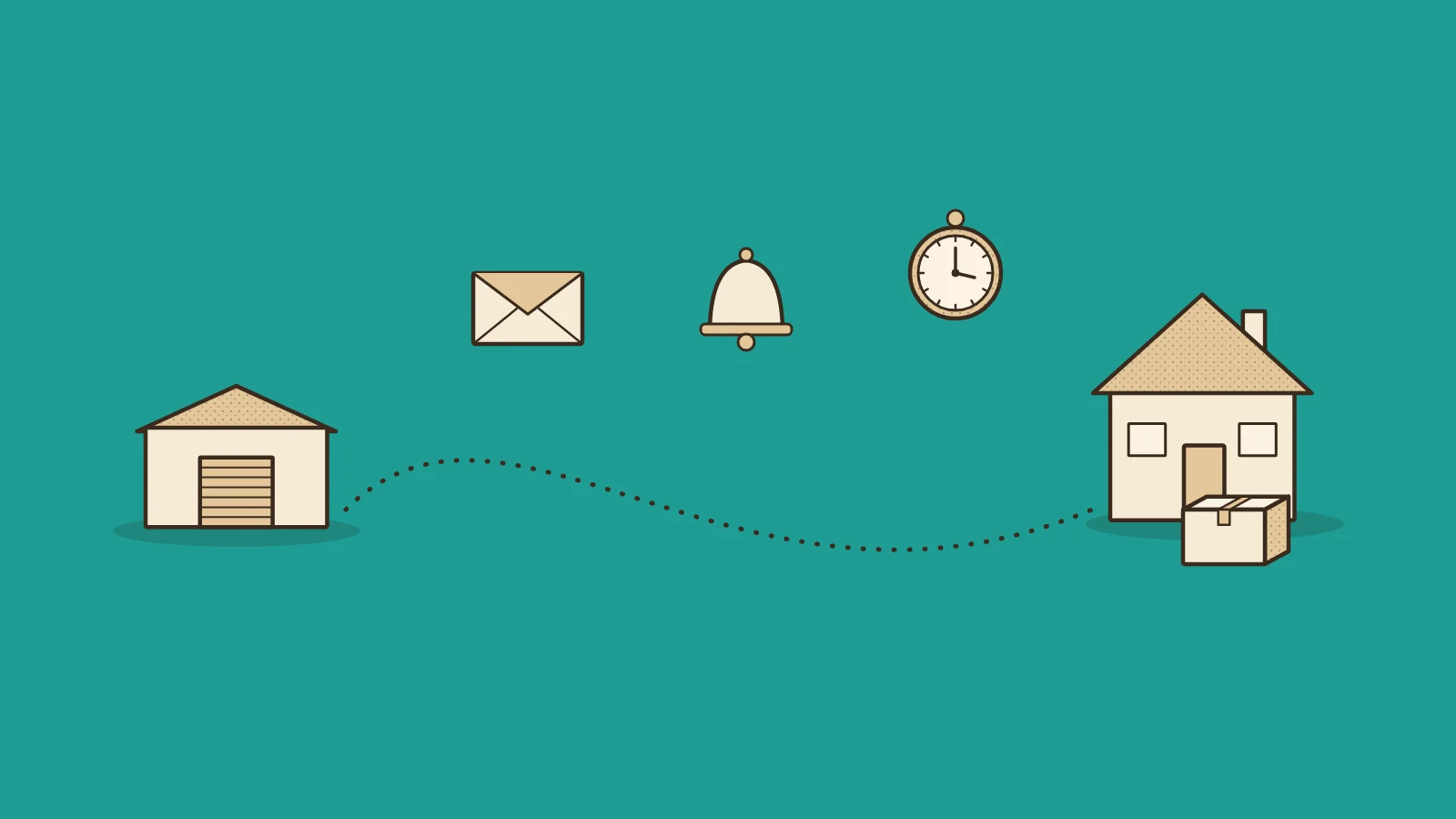 Illustration for reducing WISMO tickets: a parcel on a doorstep with a dotted route back to a warehouse, and an envelope, a bell and a pocket watch along the way