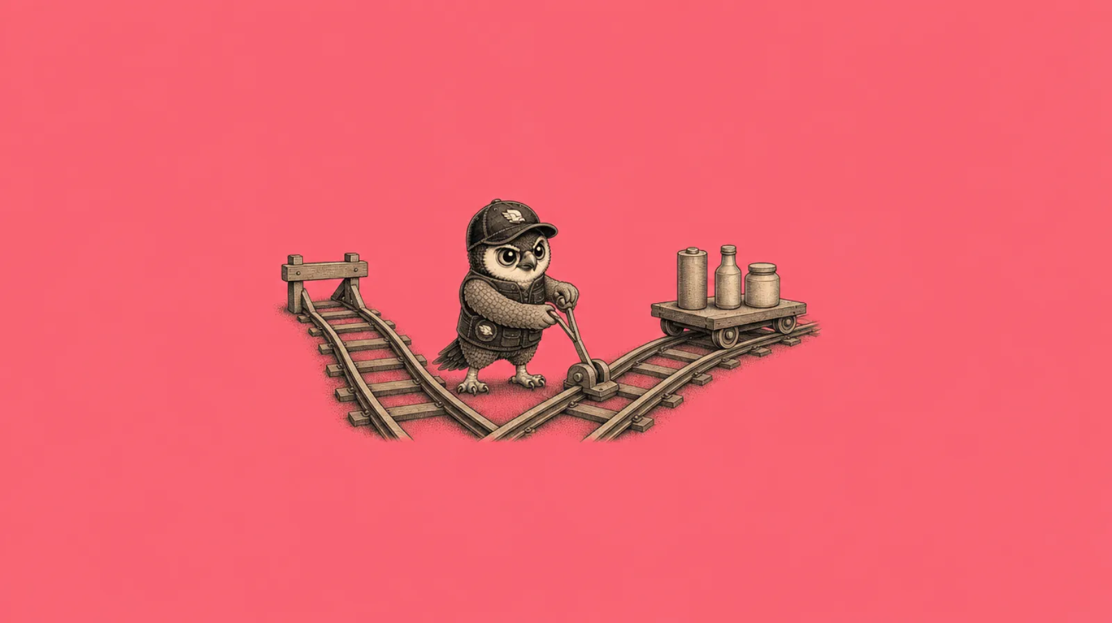 Perry the Peregrine mascot pulling a railway switch to route a cart of bottles and canisters onto a different track, illustrating compliant shipping lanes for restricted products from China