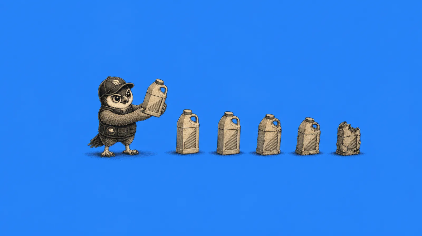Perry the Peregrine mascot holding a pristine bottle beside a row of progressively degraded copies, illustrating sample-to-bulk quality drift in China manufacturing