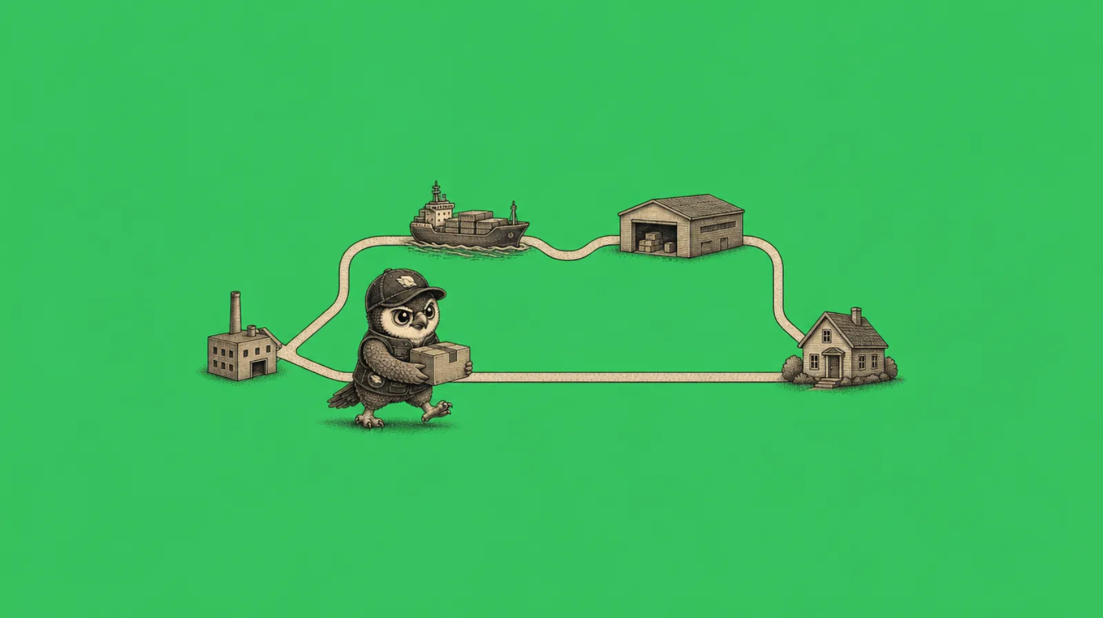 Perry the Peregrine mascot carrying a parcel on a direct factory-to-door route while a longer path runs through ocean freight and a warehouse, illustrating a ShipBob alternative for China-sourced brands