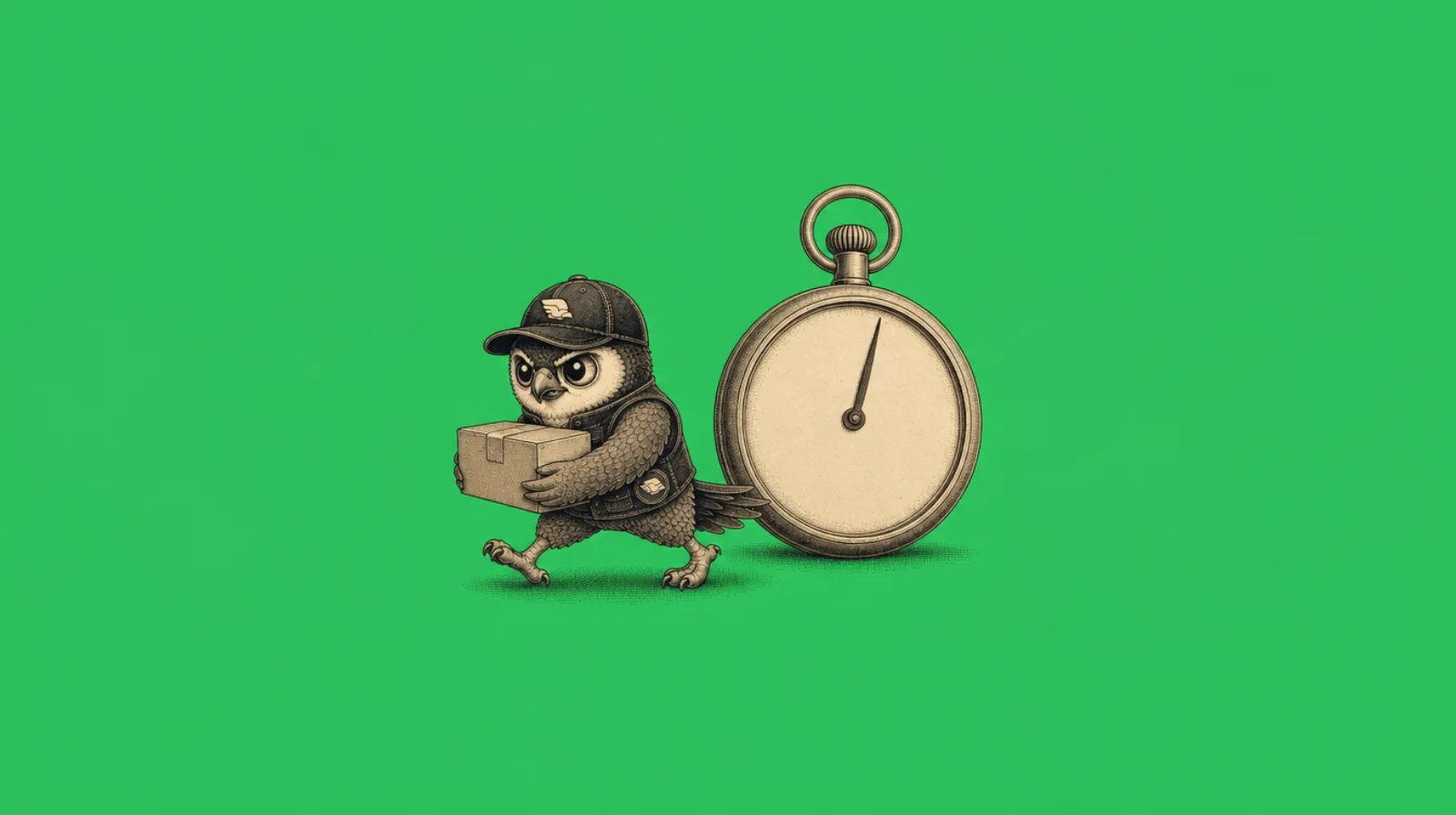 Perry the Peregrine mascot running with a parcel beside a large stopwatch, illustrating TikTok Shop dispatch speed requirements for fulfillment from China