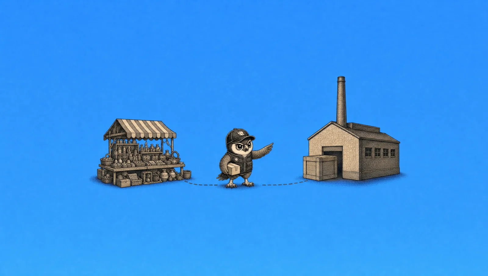 Perry the Peregrine Ship falcon between a crowded Yiwu market stall and a direct factory, holding a parcel and pointing to the factory, illustrating yiwu agent vs direct factory sourcing