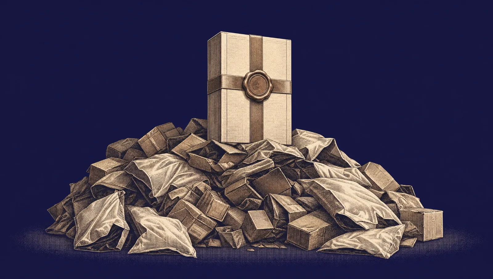 Dropshipper-to-Brand Playbook cover: one durable shipping box standing above a pile of discarded parcels.