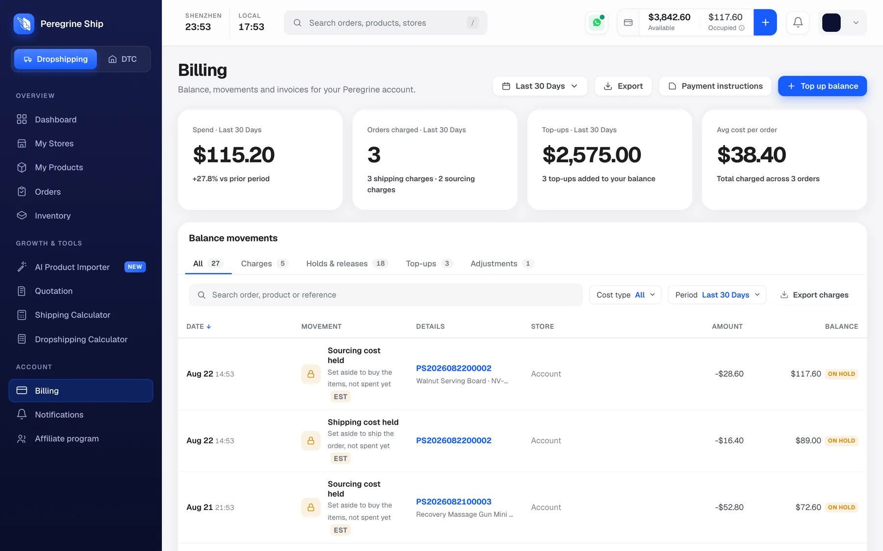 The Billing page showing spend, orders charged, top-ups and average cost per order above a table of balance movements