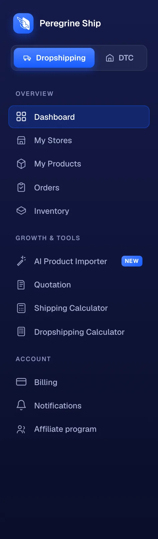 The Peregrine Ship sidebar showing the Dropshipping and DTC switch above the Overview, Growth and tools, and Account groups