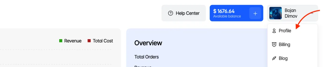 Opening Profile from the account menu in the Peregrine dashboard