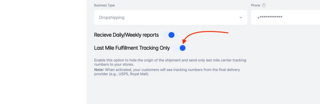 The Last Mile Fulfillment Tracking Only toggle switched on in the Peregrine profile settings