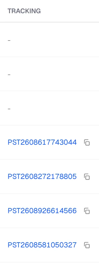 The Tracking column of the Orders table showing PST tracking codes each with a copy button