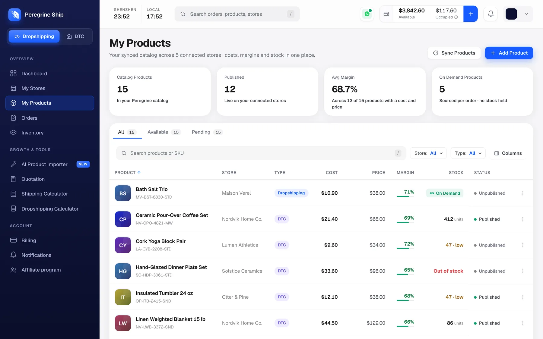The My Products page showing catalogue cards and a table of products with cost, price, margin, stock and status