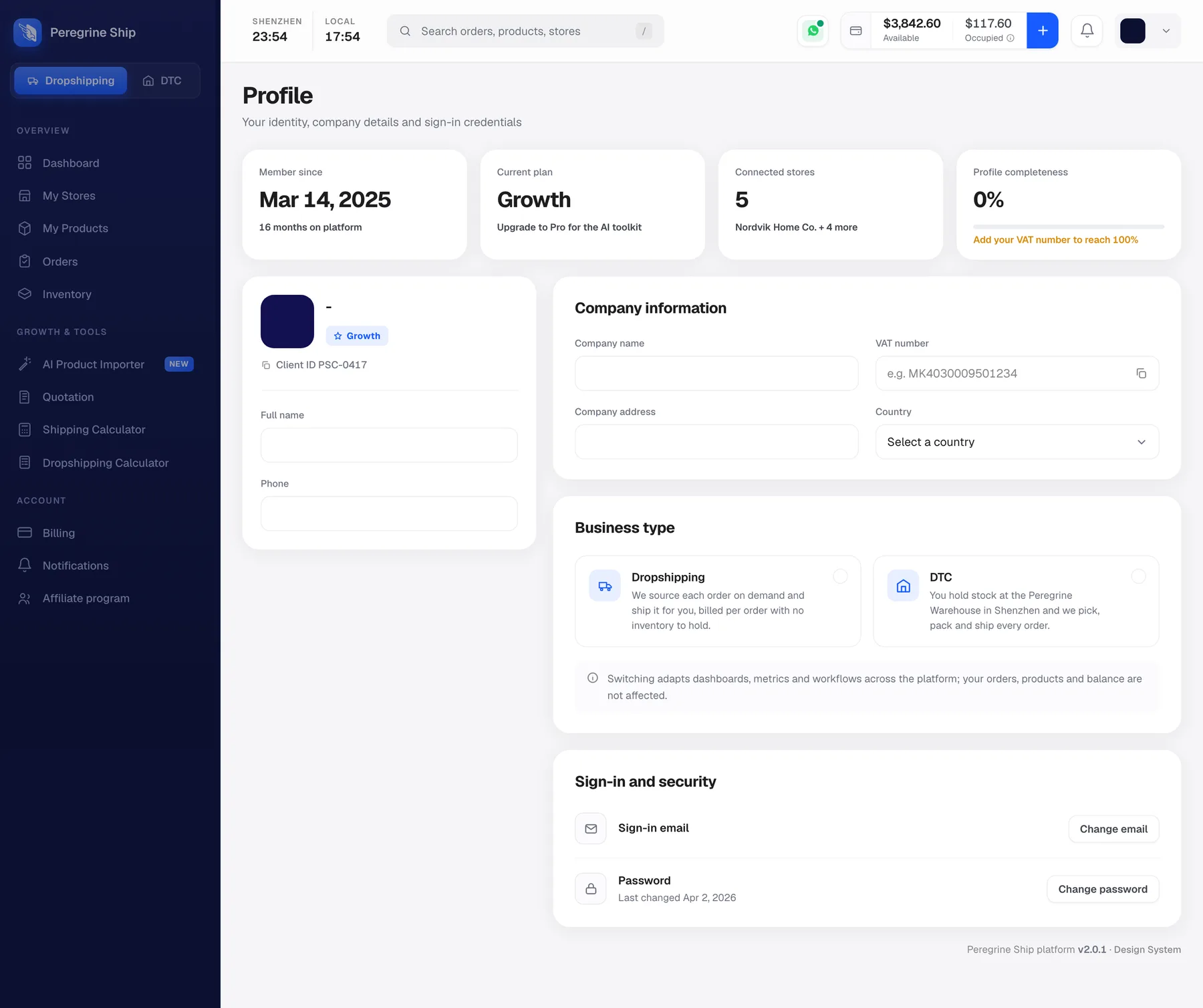 The Profile page showing account email, password and business details