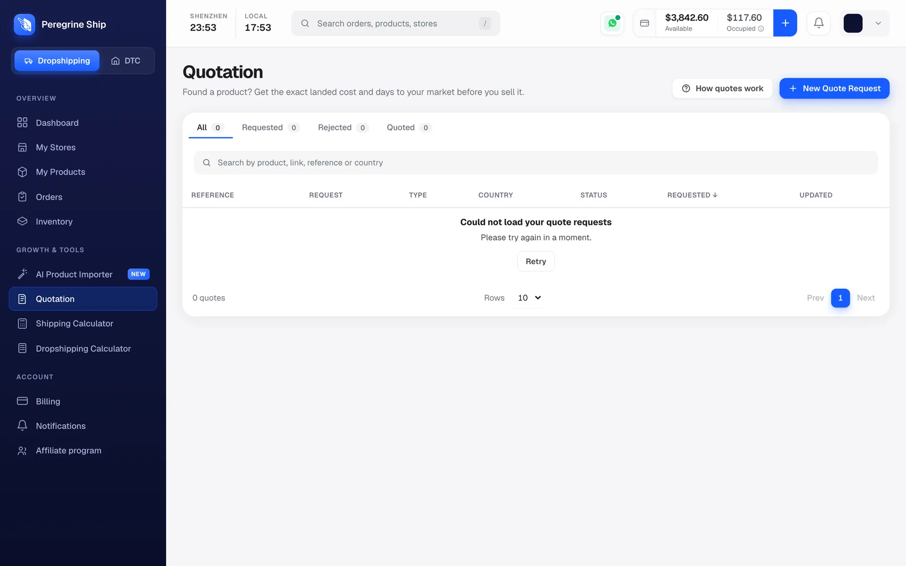 The Quotation page showing All, Requested, Rejected and Quoted tabs with a New Quote Request button