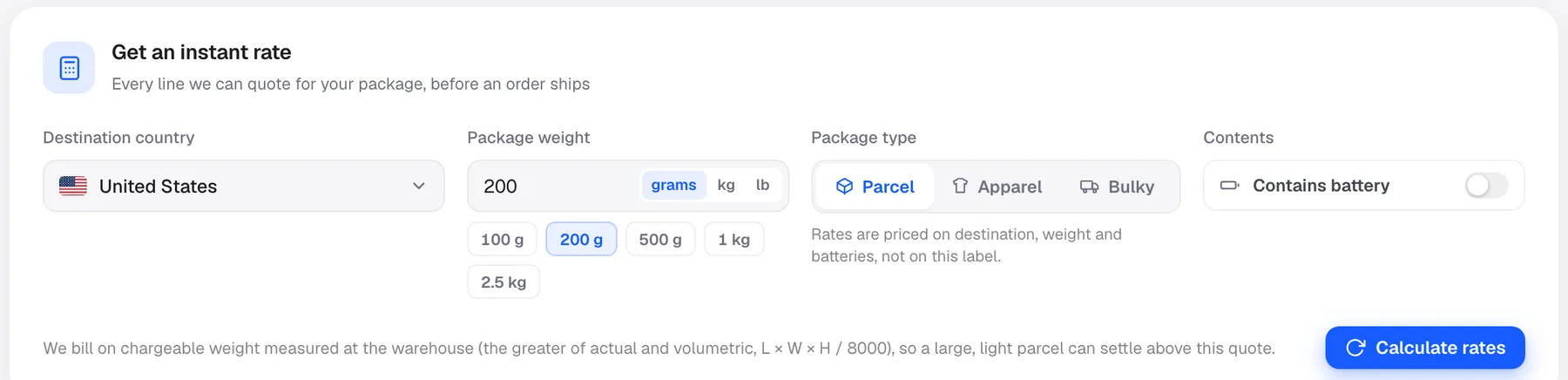 The Shipping Calculator with destination country, package weight, package type and a contains battery toggle