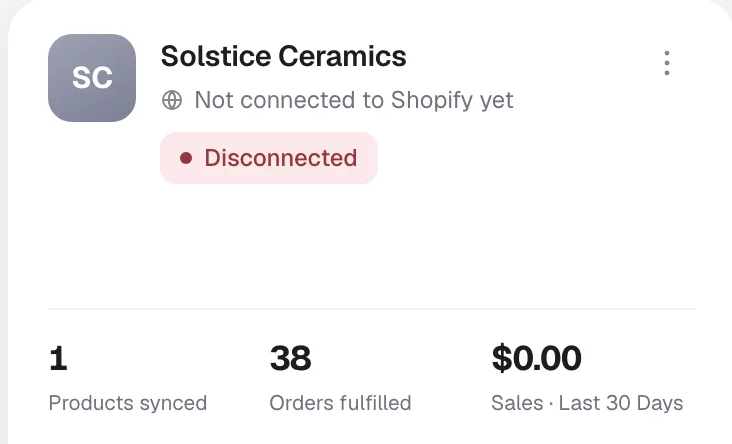 A disconnected store card in Peregrine Ship reading Not connected to Shopify yet with a red Disconnected badge
